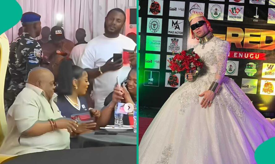 Fake Pocolee Attends Bred’s Event In Wedding Dress, Dances With Gov Adeleke: “Cinderella White”