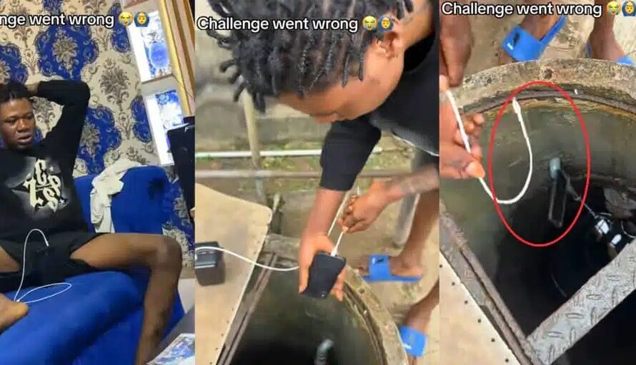 “Otilo, one more! one more!!”-Reaction as Nigerian man’s iPhone falls into water well during viral TikTok challenge, video goes viral