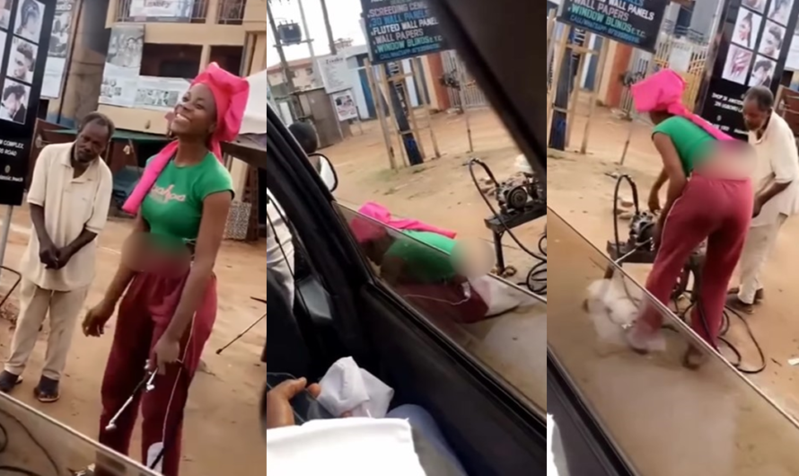 Nigerian lady mǝlts hearts as she helps aging father with vulcanizing job (WATCH)