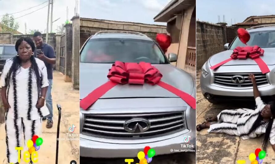 Heartwarming moment Nigerian mom dances into joy as her children surprise her with brand new SUV car (Video)