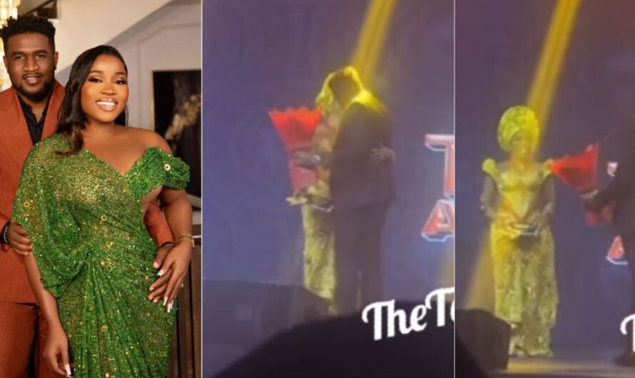 “This love go reach me too” – Sweet moment Veekee James husband surprises her with bouquet of flowers at a recent award show (Video)