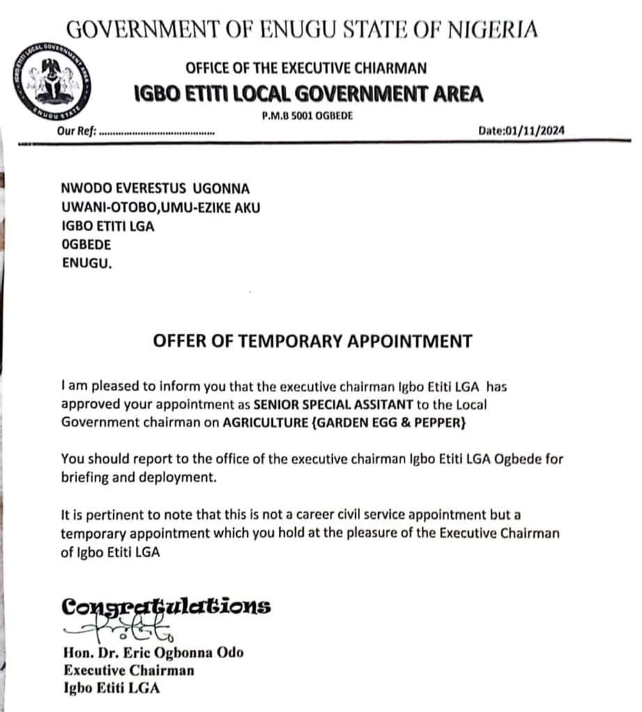 Appointment letter on SA on Egg