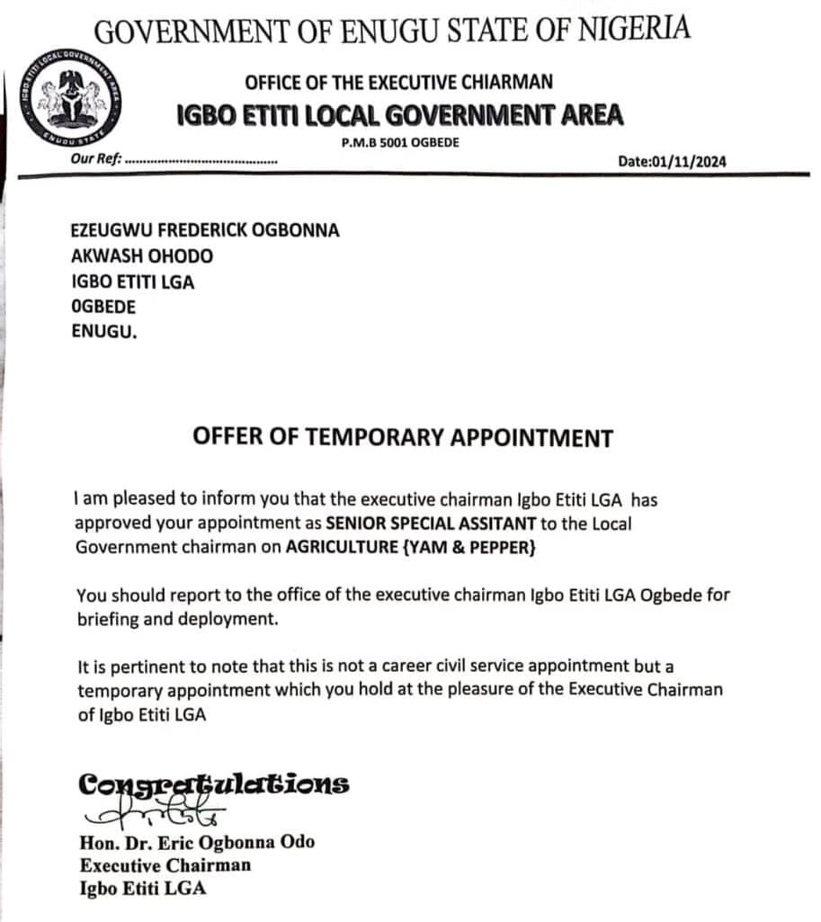 Letter of Appointment on SA on Yam