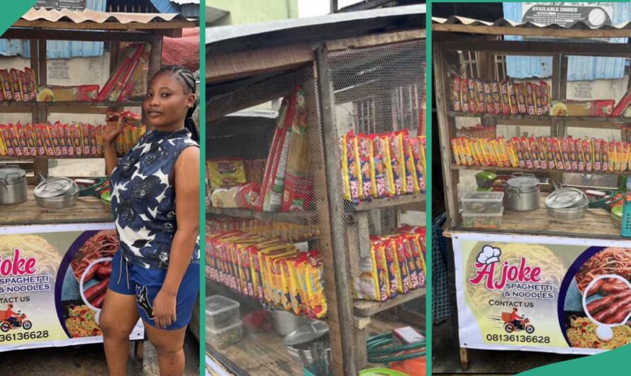 Nigerian Lady Rejoices After Successfully Opening Shop Where She Sells Cooked Noodles And Spaghetti